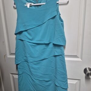 London Times Teal Asymmetrical Layered Dress